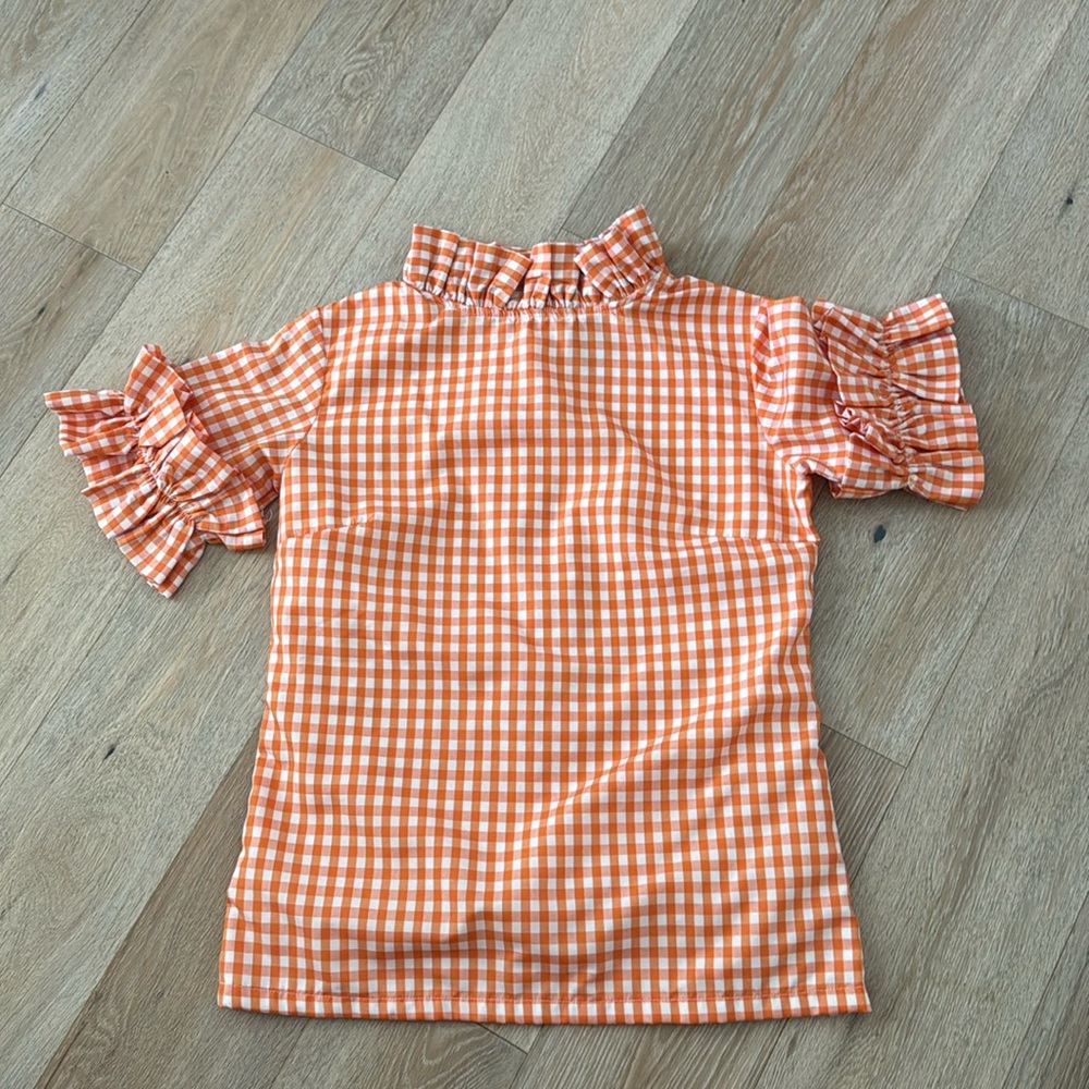 elizabeth wilson orange gingham ruffle blouse